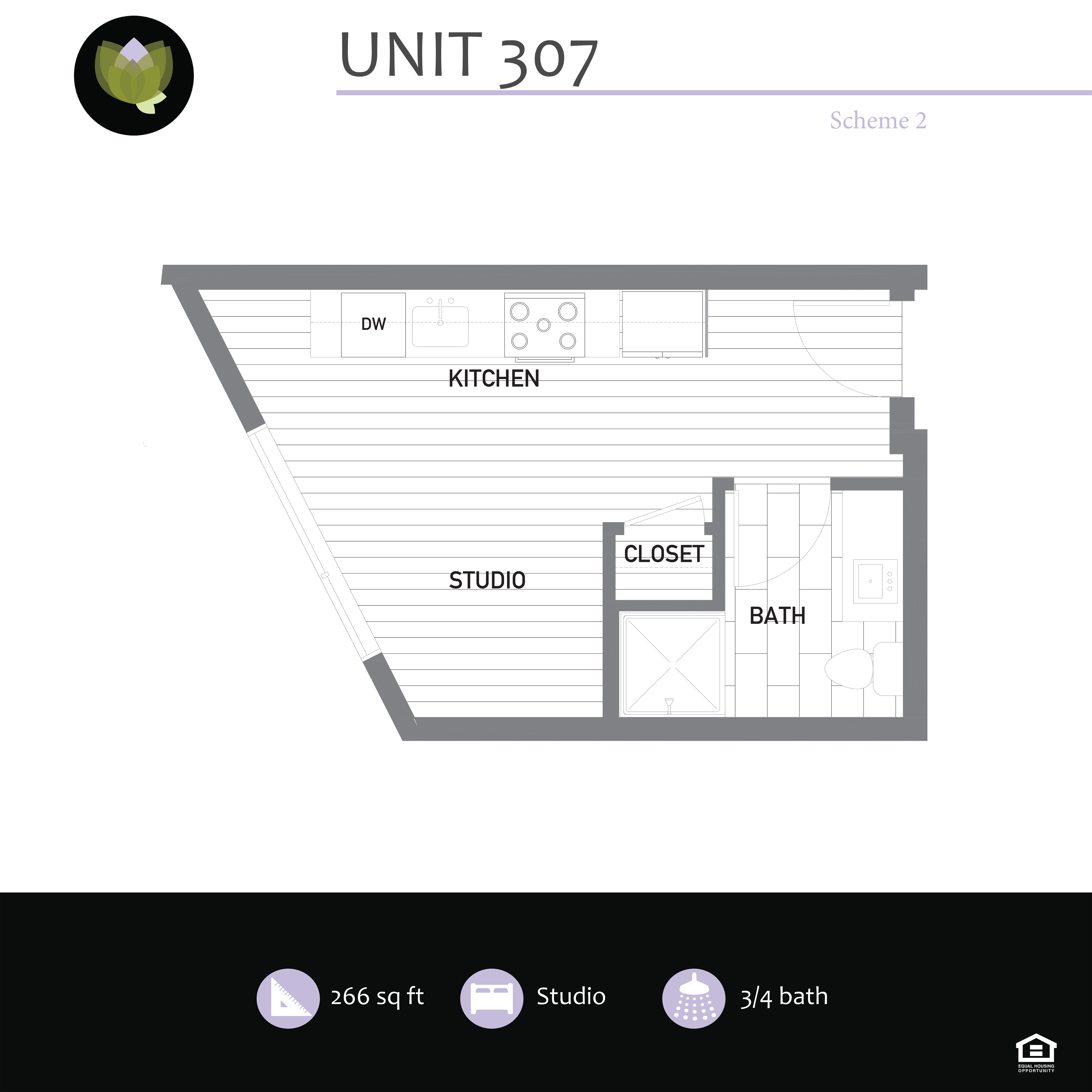 Floor plan for 1 bed, 1 bath, 510 sqft